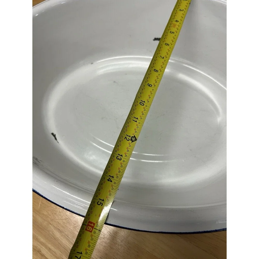 Vintage Enamelware Wash Basin White Black Trim 20x16 Farmhouse Rustic Primitive